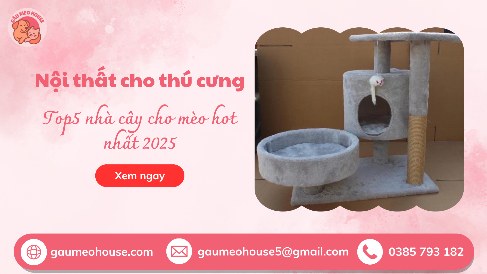 Nội thất cho thú cưng – Nhà cây cho mèo 2 tầng kèm chỗ ngủ, thiết kế hiện đại 2025